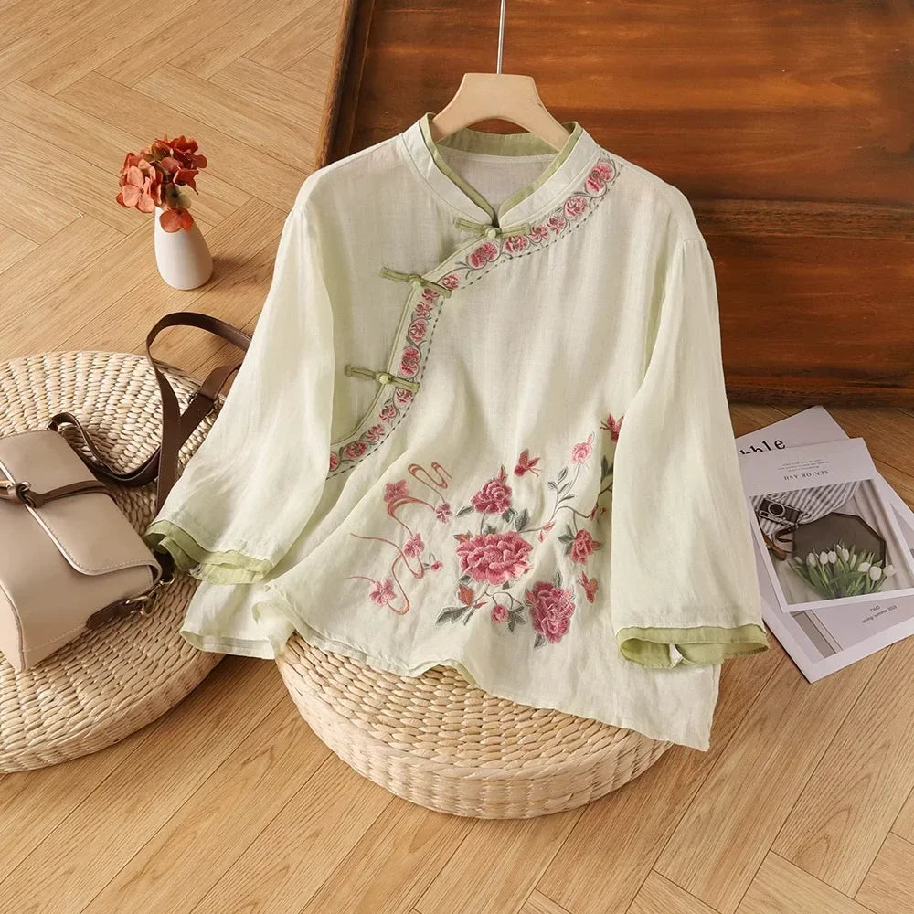 Casual Loose Blouse Shirt Women  Vintage Embroidery Woman Shirt