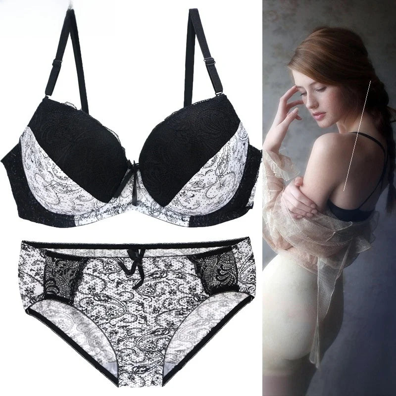 plus Size Bra Set  Full Cup Wireless Push up Bra And Briefs Combo Floral Print Fabric Breathable