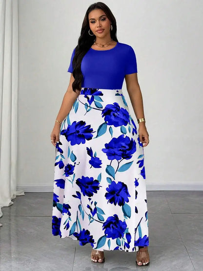 Plus Size Women Botanical Print Round Neck Short Sleeve Maxi Dress