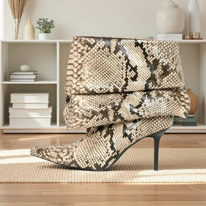 Sexy Snake Pattern Pleated High-heeled Sleeve Boots for Women