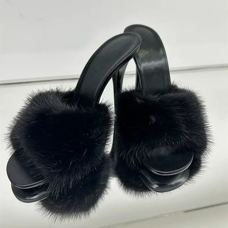 Mink fur high heels for women, sexy fish mouth leather party sandals for women