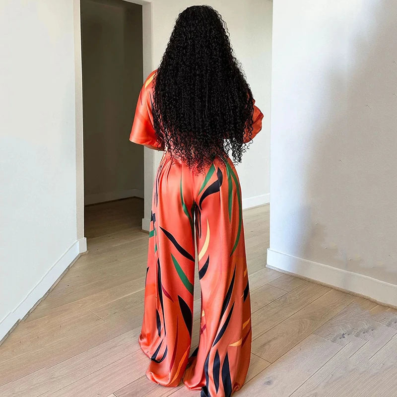 Women Spring / Autumn Half Sleeve Print V-neck High Waist Fashion  Jumpsuit