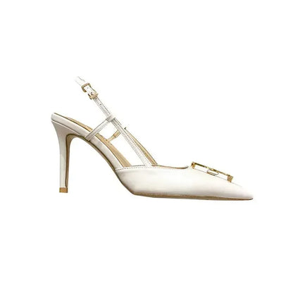 White Elegant Women's Stilettos Summer Fashion Sandals with Metal Buckle Baotou Pointed Back Design