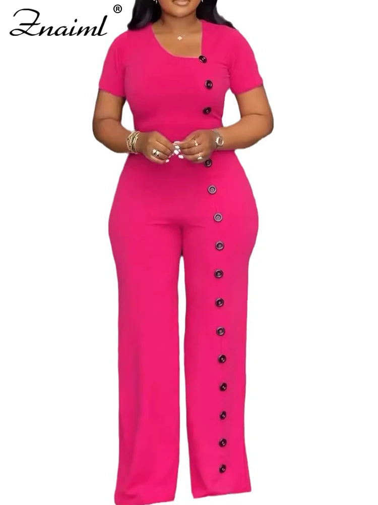 Women Elegant Long Jumpsuits for Party Summer Short Sleeve Buttons Solid Color Wide Leg Pants Rompers One Pieces Overalls