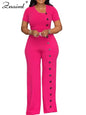 Women Elegant Long Jumpsuits for Party Summer Short Sleeve Buttons Solid Color Wide Leg Pants Rompers One Pieces Overalls