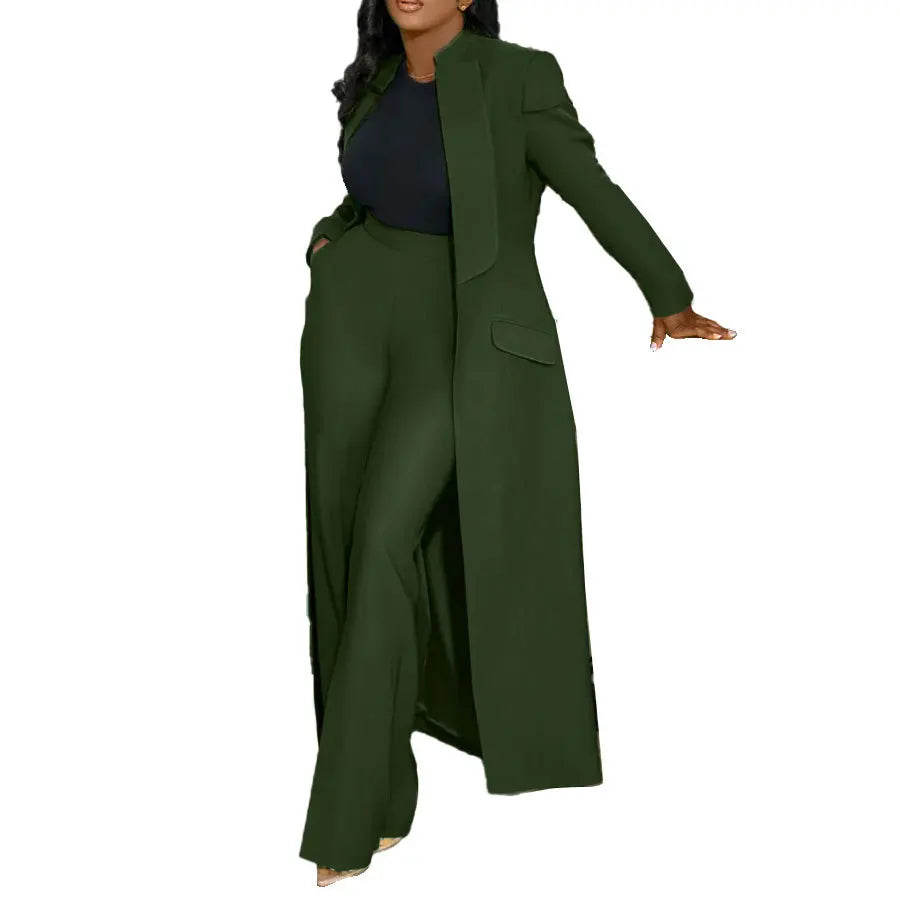 Women's Set Full Sleeve X-Long Blazer Coat+ Long Pant Suit