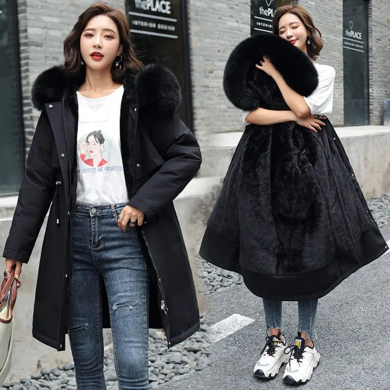 Winter Jacket  New Women Parka Long Coat Wool Liner Hooded Jacket Fur Collar Plus Size