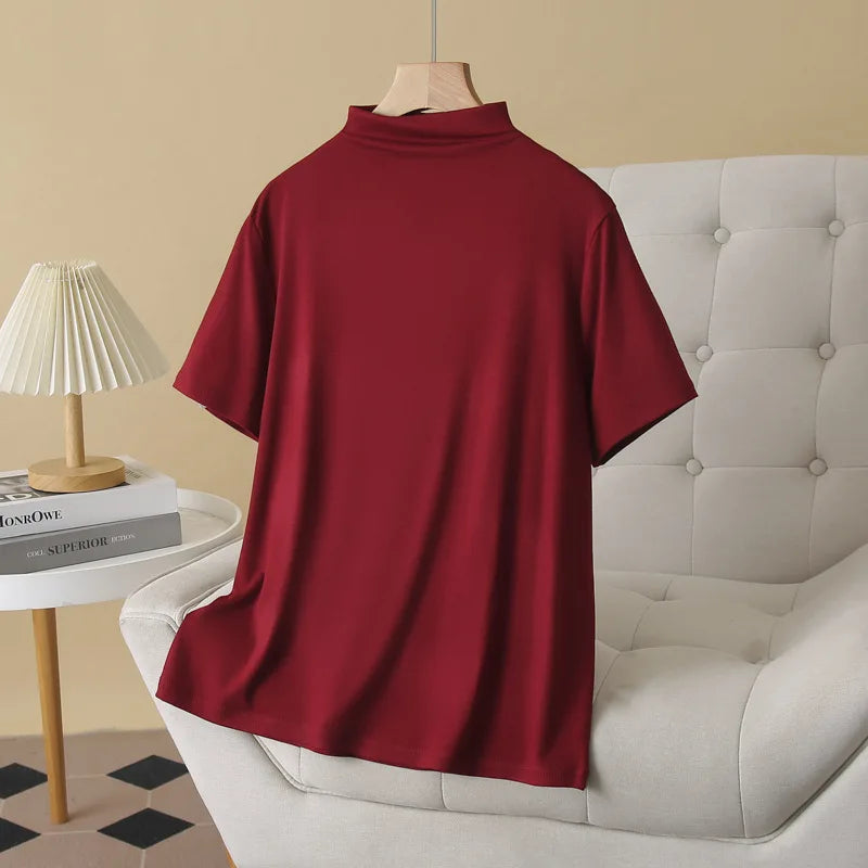 Temperament Half High Neck Solid Color Short Sleeve Tees Plus Size Women's Base T-shirt