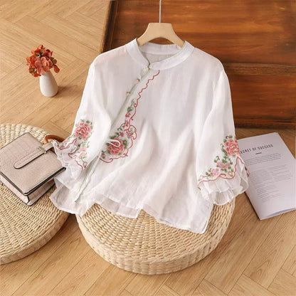 Casual Loose Blouse Shirt Women  Vintage Embroidery Woman Shirt