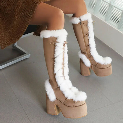 Fur Super Chunky High Heel Platform Mid-Calf Boots For Women
