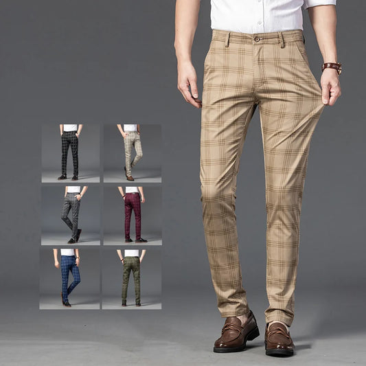 High Quality Plaid Pants Men Classic Business Casual Full Length