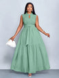 Plus Size Orange Stand Collar Sleeveless Cinched Waist Tiered Maxi Dress Casual Wear
