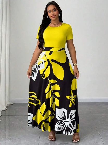Plus Size Women Botanical Print Round Neck Short Sleeve Maxi Dress