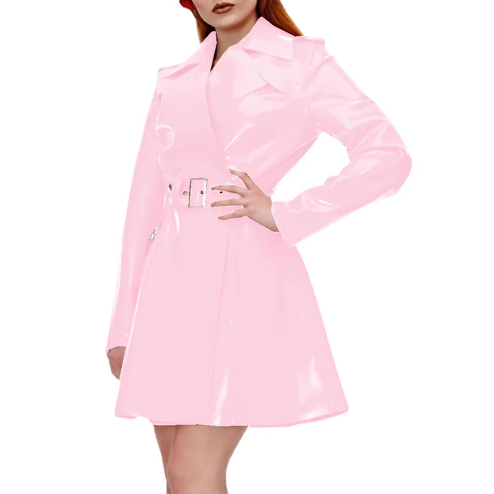 Women's Shiny PVC Leather Belted Trench Coat, Turn-down Collar Coats, Large Size, Latex Look Jackets