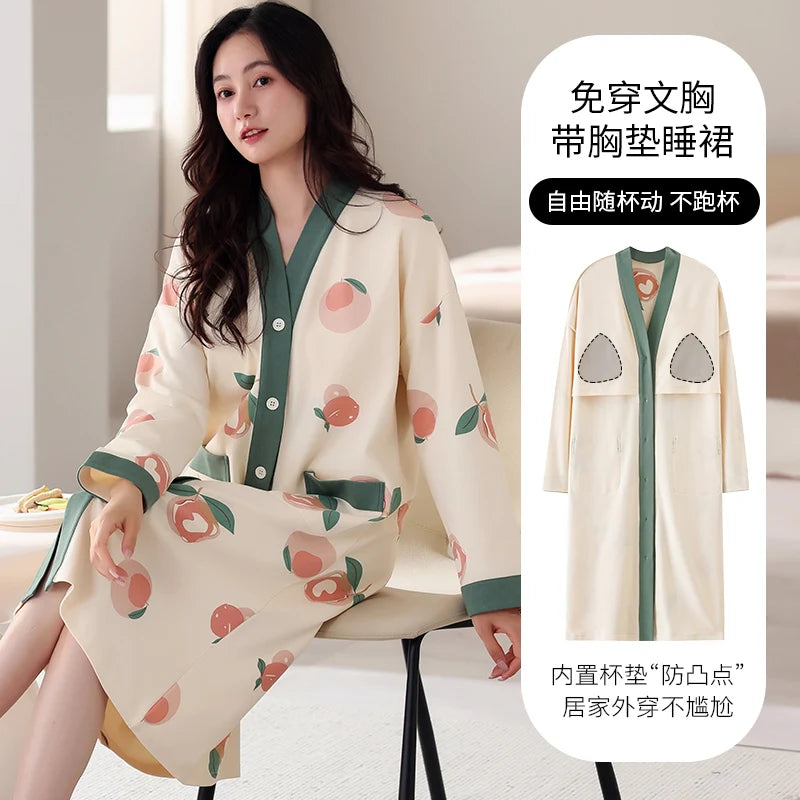 Spring and Autumn Women Nightdress With Chest Pad Femme Cotton Nightwear