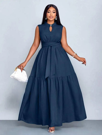 Plus Size Orange Stand Collar Sleeveless Cinched Waist Tiered Maxi Dress Casual Wear