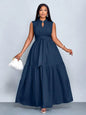 Plus Size Orange Stand Collar Sleeveless Cinched Waist Tiered Maxi Dress Casual Wear