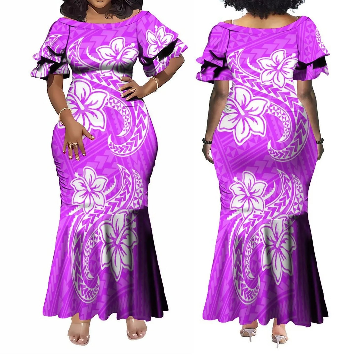Polynesian Dress White Samoan Tribal Design Layered Ruffle Midi Mermaid Dresses Women Lady Elegant Frill dress
