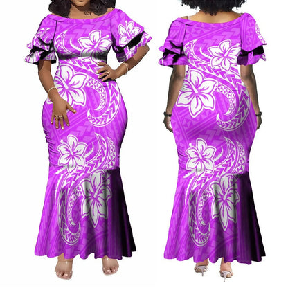 Polynesian Dress White Samoan Tribal Design Layered Ruffle Midi Mermaid Dresses Women Lady Elegant Frill dress