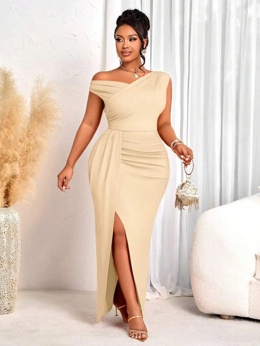Women Elegant Fitted Long Dress Beige Asymmetrical Neck High Slit Formal Party