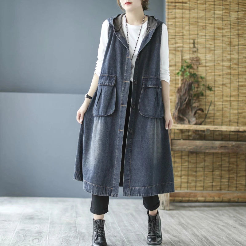 Women's Mid Length Loose Fit  Denim Vest with Hood Large Pockets