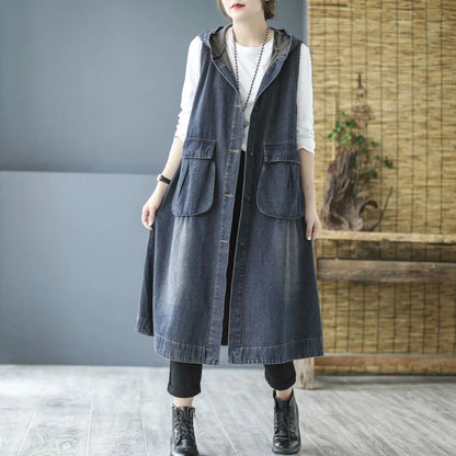 Women's Mid Length Loose Fit  Denim Vest with Hood Large Pockets