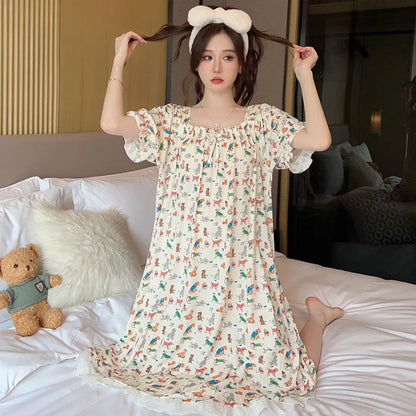 M-5XL Plus Size Sleep Dress for Women Sweet Summer Sleepwear Students Cute Print Nightgown Pajama Sleepshirt