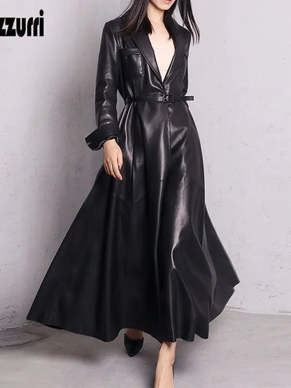 Red Black Maxi Pu Leather Trench Coat for Women Extra Long Skirted
