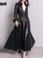 Red Black Maxi Pu Leather Trench Coat for Women Extra Long Skirted