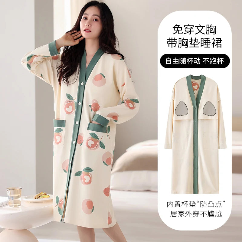 Spring and Autumn Women Nightdress With Chest Pad Femme Cotton Nightwear
