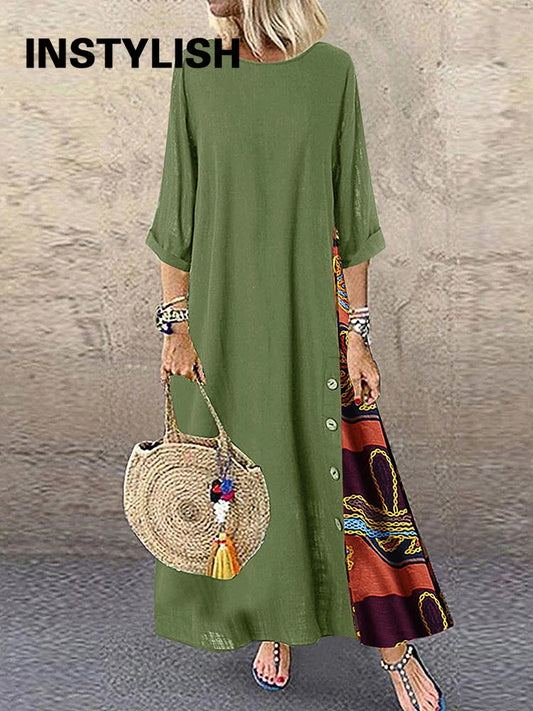 Women Vintage Print Patchwork Maxi Dress Boho 3/4 Sleeve Oversized