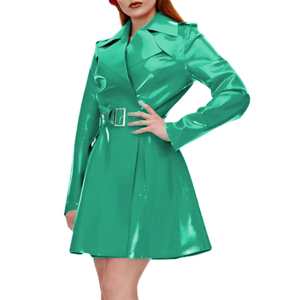 Women's Shiny PVC Leather Belted Trench Coat, Turn-down Collar Coats, Large Size, Latex Look Jackets
