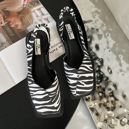 Square Toe Summer Elegant Ladies Sandals  Ladies Elastic Band Flat Heel Women Square Heel