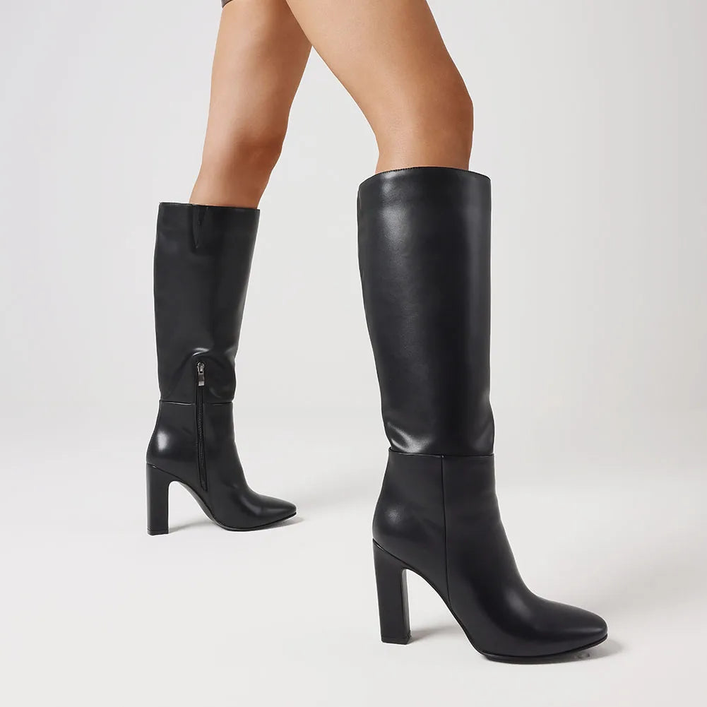 Women's solid knee high boots fashion zipper thick high heels square toe