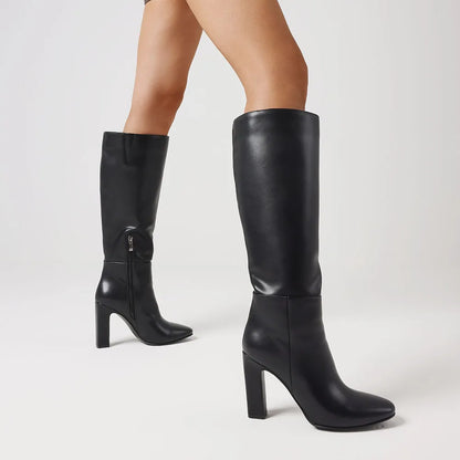 Women's solid knee high boots fashion zipper thick high heels square toe