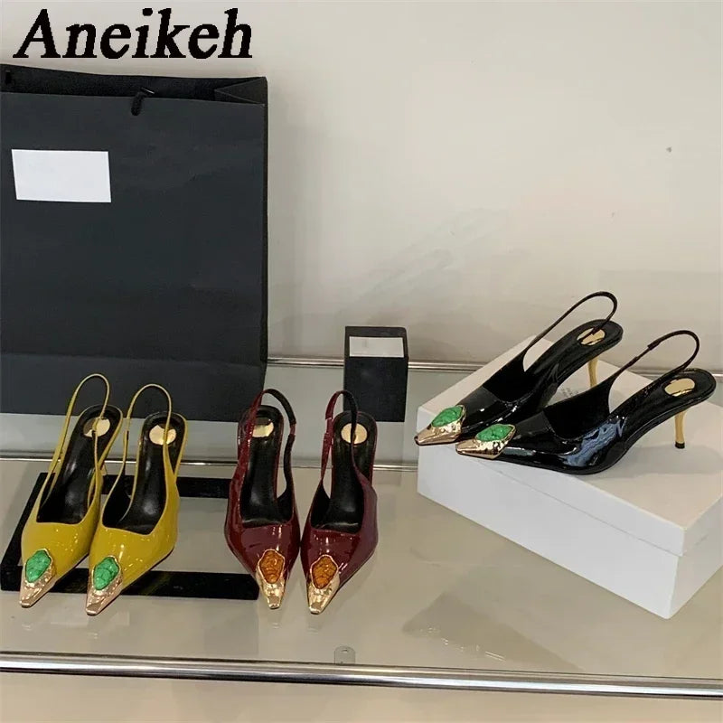 Elegant Street Style Design Metal Square Head Diamonds Woman Pumps