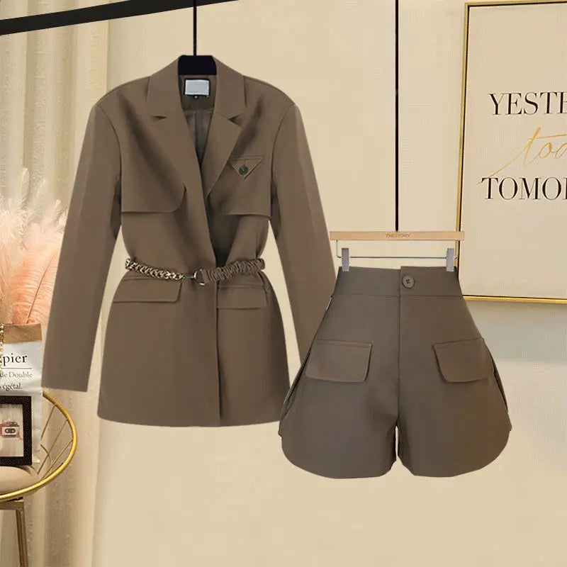 Women's Suit Belt Decorative Jacket Blazer Slim Shorts Two-piece Elegant Women's Pants Suit   Outfits