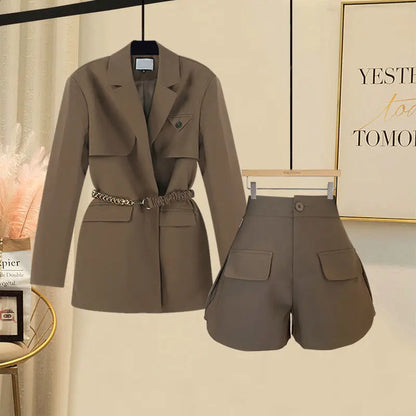 Women's Suit Belt Decorative Jacket Blazer Slim Shorts Two-piece Elegant Women's Pants Suit   Outfits