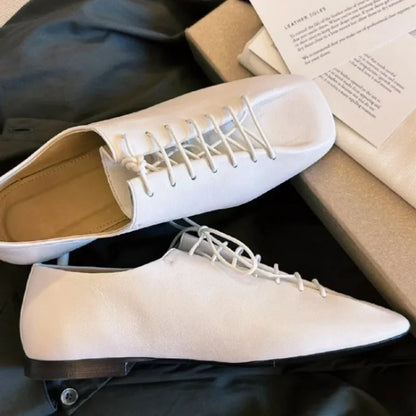 French Retro Pleated Cross Tie Flat Bottom Soft Leather Shoe  New Square Headed Strap Single Shoes