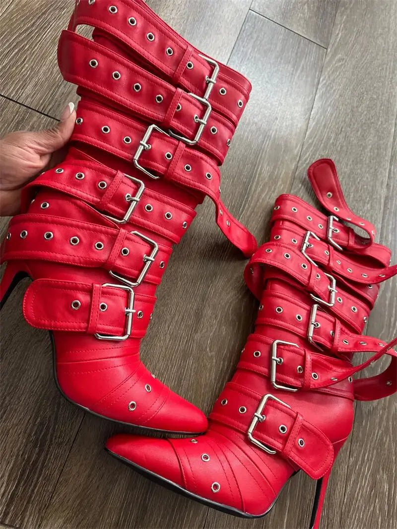 Women Pointed Toe Mid-Calf Boots Buckle Strap Thin High Heel Lady Zipper Female  Stiletto Boots