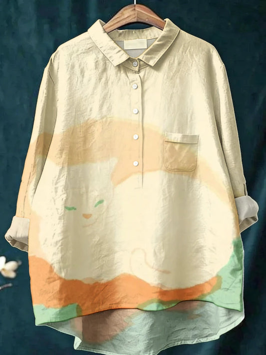 Watercolor Cat Print Half-Button Collared Shirt Loose Fit Long Sleeve Women's Plus Size 5XL Femme Streetwear