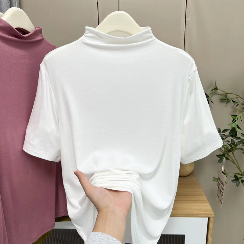 Temperament Half High Neck Solid Color Short Sleeve Tees Plus Size Women's Base T-shirt