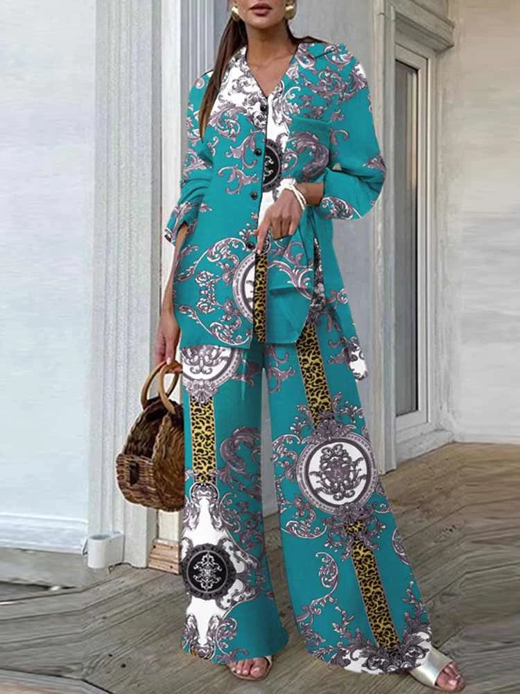 Casual Loose Vintage Printing 2pcs Pantsuits Side Slit Long Shirt