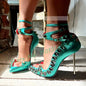 Gems Trim Green Metal Heel Sandals With Metal Nails