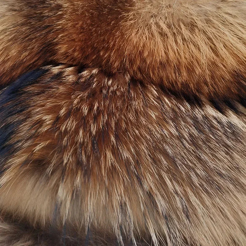 Real Fur Coat Women Natural Raccoon Fur Jacket  Long Sleeve With Hat