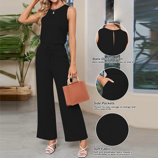 Women Wide Leg Long Pants Belted Rompers Summer Dressy Romper Holidays Vacation Outfit