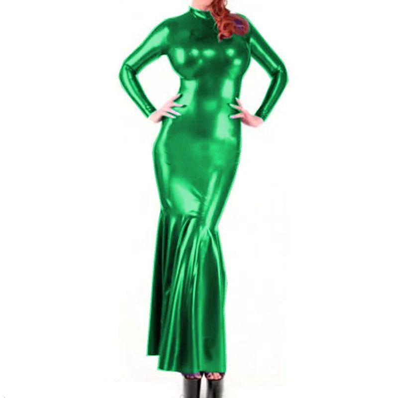 Shiny Metallic Party Evening Gown Dress High Neck Long Sleeve Mermaid Dress
