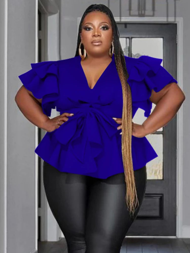 Women Plus Size Tops Elegant Deep V Neck Ruffles Shirts