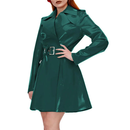 Women's Shiny PVC Leather Belted Trench Coat, Turn-down Collar Coats, Large Size, Latex Look Jackets