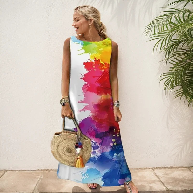 Elegant Printed O-Neck Sleeveless Women Dress  Loose Casual Beach Long Dresses Ladies Boho Maxi Dress